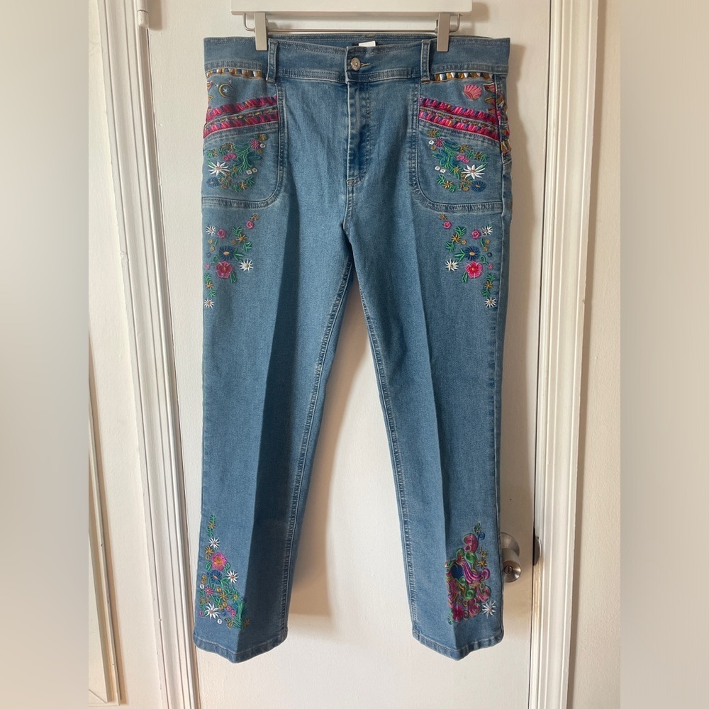 VENUS Denim Straight Leg Jeans with Pink & Green Floral Embroidery